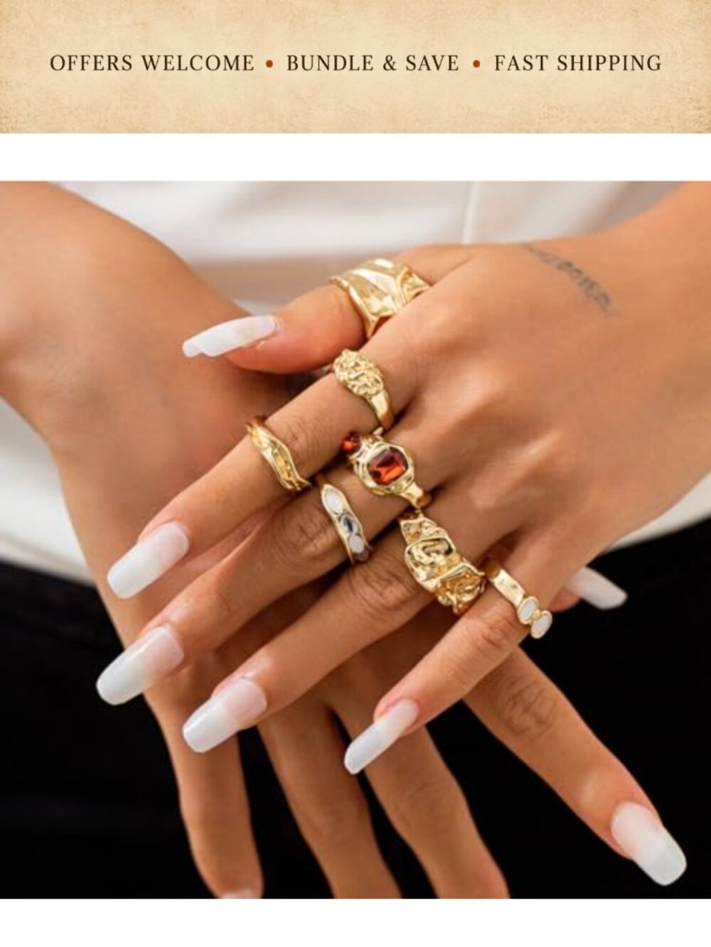 7pc Gold Plated Brass Adjustable Stackable Rings Set - Picture 3 of 5